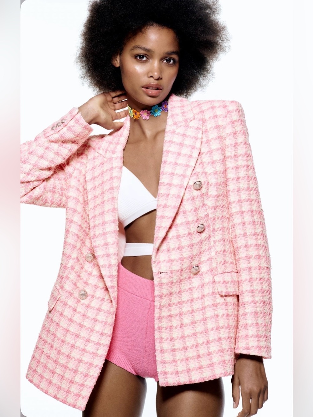 Zara Double Breasted Textured Tweed Blazer Jacket Pink White Large